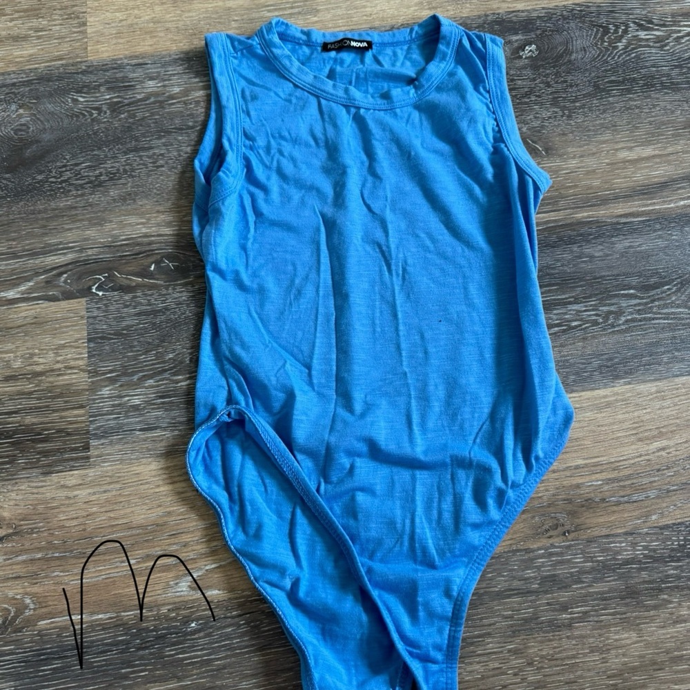 Sky Blue Sleeveless Bodysuit with High Neckline